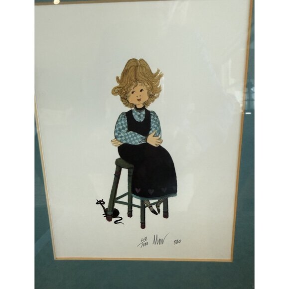 P Buckley Moss Print Girl On Stool W/ Cat Signed Matted & Framed 650/1000 1988 - Picture 2 of 6